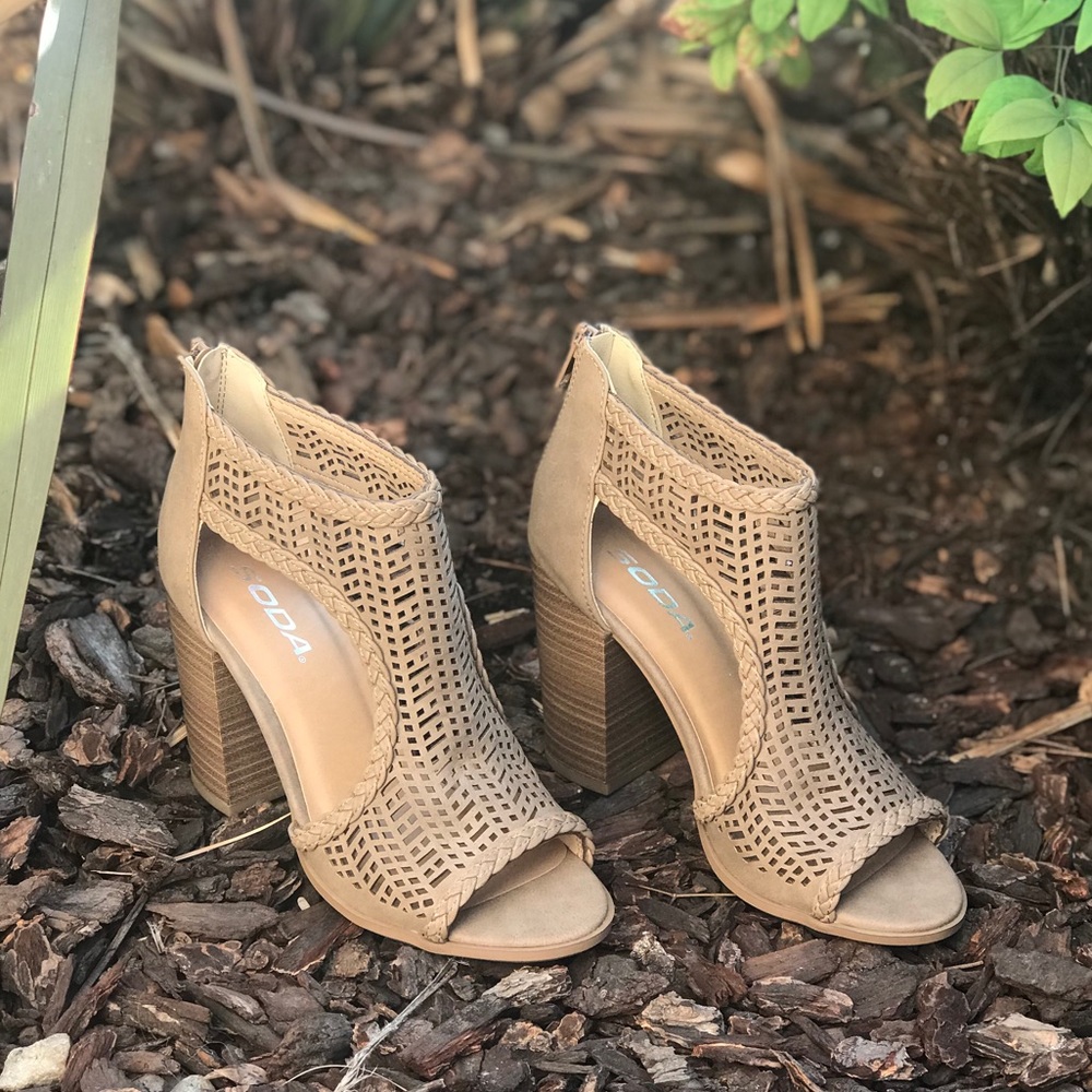 Taupe laser cutout booties with braided detail